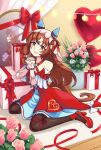  1girl animal_ears balloon black_thighhighs blush box breasts brown_hair collarbone commentary commission detached_sleeves dress ear_covers ear_ribbon english_commentary flower gift gift_box hair_between_eyes hair_ornament heart_balloon highres horse_ears horse_girl horse_tail lareindraws long_hair looking_at_viewer mirror multicolored_hair open_mouth own_hands_clasped own_hands_together red_dress red_eyes red_shoes reflection ribbon rose shoes sitting small_breasts smile solo still_in_love_(scarlet_vow_raiment)_(umamusume) still_in_love_(umamusume) streaked_hair tail thighhighs umamusume veil wariza white_streaks white_veil yandere 