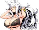  1girl animal_ears bare_shoulders bikini biwa_hayahide_(umamusume) black_bikini breasts cleavage commentary glasses highres horse_ears horse_girl large_breasts long_hair looking_at_viewer minew red-framed_eyewear solo swimsuit umamusume white_hair yellow_eyes 