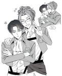  1boy 1other blush_stickers closed_eyes commentary_request crossed_arms glasses greyscale hange_zoe height_difference highres kiss kissing_cheek korean_commentary korean_text levi_(shingeki_no_kyojin) mimyo_(wyaox2) monochrome other_with_male outside_border ponytail shingeki_no_kyojin survey_corps_(emblem) suspenders translation_request v 