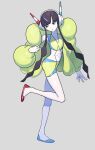  1girl asymmetrical_footwear bike_shorts black_hair blue_eyes buckle coat commentary_request elesa_(pokemon) grey_background headphones highres leg_up long_hair long_sleeves looking_down mismatched_footwear open_clothes open_coat pokemon pokemon_black_2_and_white_2 shoes short_hair_with_long_locks sidelocks simple_background solo standing standing_on_one_leg tokoame yellow_coat 