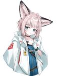  1girl absurdres ahoge animal_ears arknights black_choker blue_eyes choker closed_mouth collarbone commentary cropped_torso cross gloves greek_cross hand_up highres infection_monitor_(arknights) jacket light_blush looking_at_viewer material_growth neko_maru_00 oripathy_lesion_(arknights) pink_hair red_cross short_hair simple_background solo sussurro_(arknights) white_background white_gloves white_jacket zipper 