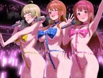  3girls :d ;d ^_^ absurdres ahoge arm_up armpits bikini blue_bikini blue_bow blue_eyes blush bow breasts brown_hair closed_eyes commentary_request concert green_hair highres holding holding_microphone idolmaster idolmaster_million_live! large_breasts long_hair medium_breasts microphone multiple_girls navel o-ring o-ring_bikini one_eye_closed open_mouth pink_bikini pink_bow plaid_bow pussy_juice red_eyes red_hair revealing_clothes shimabara_elena smile standing steaming_body sweat swimsuit tanaka_kotoha tokoro_megumi toritori_miri tristar_vision_(idolmaster) yellow_bikini yellow_bow 