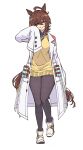  1girl absurdres agnes_tachyon_(tach-nology)_(umamusume) agnes_tachyon_(umamusume) ahoge animal_ears black_necktie black_pantyhose breasts brown_hair chemical_structure closed_mouth coat commentary_request cork earrings hair_between_eyes highres horse_ears horse_girl horse_tail jewelry lab_coat long_sleeves mayu_set necktie pantyhose red_eyes shirt shoes short_necktie single_earring sleeves_past_fingers sleeves_past_wrists smile solo spanish_commentary sweater sweater_vest tail test_tube umamusume white_coat white_shoes wolf_cut yellow_sweater yellow_sweater_vest 