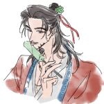  1boy all_wishes_come_true! black_hair blue_trim brown_eyes chinese_clothes coat commentary_request eating facial_hair food hair_bun hair_ornament hair_ribbon half_updo hand_up hanfu highres holding holding_food holding_popsicle implied_yaoi jewelry leaf_hair_ornament licking long_hair looking_at_viewer male_focus melting_popsicle mouth_hold mustache_stubble necklace open_clothes open_coat pectoral_cleavage pectorals ponytail popsicle red_coat red_ribbon ribbon robe sebofbun simple_background single_hair_bun smile solo stubble tongue tongue_out upper_body white_background white_hanfu zhongli_quan_(all_wishes_come_true!) 
