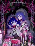  2girls blood blood_on_face blue_hair bridal_veil candle censored dress dual_persona fork grey_dress highres holding holding_fork juliet_sleeves long_sleeves maid_headdress medianoche_(zutomayo) multiple_girls nail_polish nira-chan nira-chan_(medianoche)_(zutomayo) no_pupils pink_nails plate puffy_sleeves purple_eyes sasahara_kurage short_hair veil white_veil zutto_mayonaka_de_ii_no_ni 