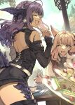  2girls absurdres ahoge animal_ears au_ra black_hair black_scales black_thighhighs blonde_hair blue_eyes cat_ears closed_eyes commentary_request cup dragon_horns dragon_tail final_fantasy final_fantasy_xiv food hide_(hideout) highres horns long_hair miqo'te mole mole_under_eye motion_blur multiple_girls one_eye_closed open_mouth sandwich short_hair spoon tail teacup thighhighs warrior_of_light_(ff14) 