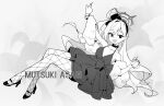  1girl arnold-s blue_archive bracelet breasts character_name chinese_commentary choker cocktail_dress collarbone commentary_request dress fishnet_pantyhose fishnets frilled_dress frills full_body fur_shawl hairband halo high_heels highres jewelry long_hair looking_at_viewer monochrome mutsuki_(blue_archive) mutsuki_(dress)_(blue_archive) open_mouth pantyhose shawl side_ponytail simple_background small_breasts solo 