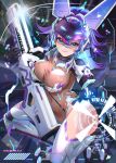  1girl ass bandaid bandaid_on_face bandaid_on_nose blue_eyes blue_hair breasts commentary curvy english_commentary gloves gun hair_between_eyes hair_intakes hanh_chu highres holographic_interface indie_virtual_youtuber large_breasts leotard looking_at_viewer mechanical_legs melody_(projektmelody) melody_(projektmelody)_(cyber_scientist) multicolored_hair pink_streaks ponytail purple_hair revealing_clothes rifle see-through_clothes see-through_leotard smile solo streaked_hair thighs virtual_youtuber weapon 