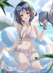  1girl :d ahoge arknights ball beach beachball bikini black_eyes black_hair blurry blurry_foreground blush breasts chinese_commentary cleavage collarbone commentary_request frilled_bikini frilled_innertube frills goggles goggles_on_head highres holding holding_megaphone innertube la_pluma_(arknights) la_pluma_(summer_flowers)_(arknights) lanyard lens_flare looking_at_viewer medium_breasts megaphone navel ocean official_alternate_costume open_mouth plant short_hair side-tie_bikini_bottom simple_bird sitting smile solo swim_goggles swim_ring swimsuit teeth thigh_strap transparent upper_teeth_only water whistle whistle_around_neck white_bikini zerosama_(sailuojiang) 