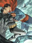  2boys absurdres air_bubble batman batman_(series) batman_symbol belt black_cape black_gloves black_hair blue_bodysuit bodysuit bruce_wayne bubble cape clark_kent closed_eyes commentary dc_comics gloves grey_bodysuit guiwansang1 highres holding_hands kiss male_focus multiple_boys red_cape short_hair superhero_costume superman superman_(series) superman_logo underwater utility_belt yaoi 