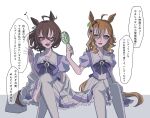  2girls agnes_tachyon_(umamusume) bow bowtie braid breasts commentary_request crossed_bangs ear_ornament earrings eighth_note hair_between_eyes half_up_braid hand_fan handheld_electric_fan holding holding_fan jewelry jungle_pocket_(umamusume) looking_at_another medium_breasts multiple_earrings multiple_girls musical_note notched_ear odag_18 one_eye_closed open_mouth parted_lips pleated_skirt puffy_short_sleeves puffy_sleeves purple_bow purple_bowtie purple_shirt purple_thighhighs red_eyes school_uniform shirt shirt_tucked_in short_sleeves simple_background sitting skirt small_breasts smile speech_bubble spoken_musical_note thighhighs tracen_school_uniform translation_request two-tone_shirt umamusume white_background white_shirt white_skirt white_thighhighs yellow_eyes 