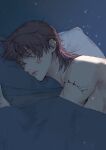  1boy arm_tattoo blue_background blue_eyes commentary highres lipstick_mark love_and_deepspace male_focus on_bed purple_hair rafayel_(love_and_deepspace) rafayel_(tamino)_(love_and_deepspace) ray_(b_ray_ze) short_hair sleeping tattoo topless_male untranslatable_commentary 