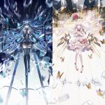  2girls 4ikur0 absurdres aiguillette animal_ears arcaea artist_name ascot beret black_dress black_gloves black_hair black_thighhighs blue_bow blue_butterfly blue_eyes bow bowtie broken_glass bug butterfly carnation cat_ears closed_mouth collage commentary_request crystal_wings detached_collar detached_wings double_bun dress fake_animal_ears finger_to_mouth flower frilled_dress frilled_skirt frilled_thigh_strap frills garter_straps gem_hat_ornament glass glass_shards gloves hair_bow hair_bun hat hat_ribbon highres hikari_(arcaea) hikari_(fracture)_(arcaea) layered_dress long_hair long_sleeves looking_at_viewer mechanical_wings multiple_girls off-shoulder_dress off_shoulder own_hands_together pink_ascot pink_carnation pink_flower red_bow red_bowtie red_hat ribbon shoes shushing signature skirt smile straight-on tairitsu_(arcaea) tairitsu_(tempest)_(arcaea) thigh_strap thighhighs twitter_username two-tone_bow unworn_hat unworn_headwear white_dress white_hair white_shoes white_thighhighs wings yellow_butterfly 
