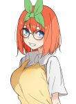  1girl asahiyama_high_school_uniform blue_eyes blush breasts commentary glasses go-toubun_no_hanayome green_hairband green_ribbon hairband highres looking_at_viewer nakano_yotsuba orange_hair ran_maru ribbon school_uniform shirt simple_background smile solo sweater_vest teeth white_background white_shirt yellow_sweater_vest 