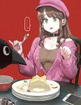  ... 1girl belt_buckle belt_collar bird black_bird black_bra black_collar black_pantyhose blue_skirt bowl bra bra_strap breasts brown_hair brown_tank_top buckle buttons cake cake_slice cardigan cardigan_pull cellphone chair cleavage collar collarbone cowboy_shot crow diamond-shaped_earrings earclip earrings eating eyelashes fingernails food fork fruit glass_table glutton green_eyes hands_up hat heart highres holding holding_fork jewelry jun_(navigavi) long_hair long_sleeves looking_at_animal medium_breasts nervous nervous_sweating newsboy_cap nose on_chair open_mouth original pantyhose partially_unbuttoned phone pink_cardigan pink_hat pinky_out plate plate_stack red_background shirt sidelocks simple_background sitting skirt smartphone solo speech_bubble spoken_ellipsis strawberry stud_earrings sweat sweatdrop sweater table tank_top taut_clothes taut_shirt triangle_mouth underwear 