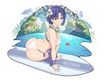  2girls arm_support ass back bare_shoulders bikini blue_eyes blue_hair blush breasts brown_eyes brown_hair catria_(fire_emblem) est_(fire_emblem) fire_emblem fire_emblem:_mystery_of_the_emblem flower flower_necklace hair_flower hair_ornament large_breasts lei looking_at_viewer meziosaur multiple_girls partially_submerged short_hair solo_focus surfboard swimsuit water white_bikini 