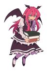 1girl book brown_shoes brown_skirt brown_vest collared_shirt commentary_request demon_wings frilled_skirt frills head_wings highres holding holding_book koakuma long_hair long_sleeves necktie open_mouth orange555_555 pointy_ears red_eyes red_hair red_necktie shirt shoes simple_background skirt skirt_set smile solo touhou vest white_background white_shirt wings 