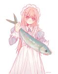  1other absurdres akiyama_mizuki animal apron commentary emrinuii fish funsai_seyo!_unvalentine_no_fukushuu_(project_sekai) highres holding holding_animal holding_fish long_sleeves maid official_alternate_costume official_alternate_hairstyle other_focus pink_eyes pink_hair project_sekai solo 