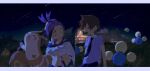  2boys absurdres berry_(pokemon) bin_aham black_hair black_necktie brown_hair closed_eyes collared_shirt commentary_request field florian_(pokemon) furret grass highres jacket jumpluff kieran_(pokemon) korean_commentary leppa_berry letterboxed long_sleeves male_focus mole mole_on_neck multiple_boys necktie night open_mouth outdoors pokemon pokemon_(creature) pokemon_scarlet_and_violet purple_hair purple_shirt red_eyes rock school_uniform sentret shirt shooting_star short_sleeves sitting skiploom sky star_(sky) starry_sky uva_academy_school_uniform white_jacket 