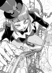  1girl 6+others \o/ arms_up blush bow bowtie breasts commentary_request destruction giant giant_ojou-sama giantess greyscale hair_bow hat hat_bow high_heels highres jacket large_breasts leotard long_sleeves midori_(giant_ojou-sama) monochrome multiple_hair_bows multiple_others nikukaiq open_clothes open_jacket open_mouth outstretched_arms pantyhose playboy_bunny roller_coaster size_difference squatting teeth top_hat v-shaped_eyebrows 