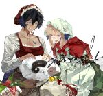  2girls animal_on_lap basket black_hair blonde_hair blue_eyes breasts brown_skirt capelet character_request chinstrap cleavage collarbone copyright_request corset double-parted_bangs dress green_dress grin hair_between_eyes headscarf jewelry long_hair long_sleeves looking_at_animal medium_breasts multiple_girls necklace norot on_lap open_mouth petting purple_eyes red_capelet red_headscarf sample_watermark sheep short_hair sidelocks skirt smile two-tone_dress watermark white_background white_dress white_headscarf white_skirt 