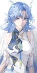  1girl absurdres blue_eyes blue_hair breasts closed_mouth commentary double_slash_(uphx3853) dress earrings fiery_horns forehead_tattoo hair_ornament hair_stick highres horns jewelry large_breasts light_smile long_hair looking_at_viewer qingxiao_(wuthering_waves) simple_background solo star-shaped_pupils star_(symbol) symbol-shaped_pupils tattoo upper_body white_background white_dress wuthering_waves yellow_pupils 