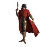  1boy 3d armored_boots black_gloves black_hair black_pants black_shirt boots clawed_gauntlets cloak final_fantasy final_fantasy_vii final_fantasy_vii_remake final_fantasy_vii_revelation full_body gloves gun hair_between_eyes headband heterochromia highres holding holding_gun holding_weapon holster long_hair looking_at_viewer male_focus official_art pants red_cloak red_eyes red_headband shirt solo standing thigh_holster torn_cloak torn_clothes transparent_background vincent_valentine weapon white_background 