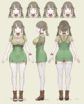  1girl :3 ^_^ a-pose ankle_boots arms_at_sides artist_name blonde_streaks blunt_bangs boots breasts brown_boots brown_choker brown_eyes brown_hair brown_ribbon choker cleavage cleavage_cutout closed_eyes closed_mouth clothing_cutout collarbone commentary_request cropped_shoulders elf eyelashes facing_away facing_viewer from_behind from_side full_body green_overskirt green_skirt hair_ribbon highres jun_(navigavi) large_breasts leaf looking_at_viewer looking_to_the_side maple_leaf medium_hair multicolored_hair multiple_expressions multiple_views nervous nervous_sweating nose open-toe_boots open_mouth original overall_skirt pencil_skirt pointy_ears reference_sheet ribbon scoop_neck shadow shirt short_sleeves sidelocks signature simple_background skindentation skirt smile smug standing straight-on streaked_hair sweat sweatdrop teeth thighhighs toeless_legwear turnaround twintails underbust upper_teeth_only white_thighhighs wristband yellow_background yellow_ribbon yellow_shirt zettai_ryouiki 