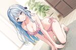  1girl absurdres all_fours arched_back arm_support bcoca bikini blue_eyes blue_hair blush breasts carpet cleavage commentary_request frilled_bikini frills hair_ribbon halterneck highres indoors jitsu_wa_high_spec_na_danshi_koukousei_gakunenichi_no_bishoujo_ni_hisho_ni_natte_morau leaning_forward light_smile long_hair looking_at_viewer official_art plant potted_plant ribbon side-tie_bikini_bottom swimsuit 