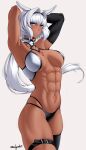  1girl abs armor armpits belt bikini_armor black_panties black_sleeves black_thighhighs blue_eyes blush body_markings breasts breasts_apart caenis_(fate) caenis_(second_ascension)_(fate) closed_mouth commentary cowboy_shot dark-skinned_female dark_skin detached_sleeves english_commentary fate/grand_order fate_(series) highres large_breasts long_hair looking_to_the_side navel panties ponytail ponytail_holder single_detached_sleeve single_thighhigh solo thigh_belt thigh_strap thighhighs toned toned_female underwear very_long_hair white_hair zealyush 