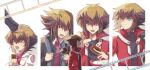  age_comparison backpack bag black_jacket black_shirt blush brown_eyes brown_hair card collared_jacket collared_shirt commentary_request dual_persona duel_academy_uniform_(yu-gi-oh!_gx) duel_monster film_reel green_eyes happy headpat heterochromia highres holding holding_card jacket male_focus orange_eyes red_jacket red_shirt shirt spiked_hair sugukieru_mn white_jacket winged_kuriboh yu-gi-oh! yu-gi-oh!_gx yuki_judai 