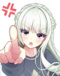  1girl anger_vein angry aqua_hair blue_eyes blunt_bangs blush braid commentary_request eyelashes eyes_visible_through_hair fingernails frown grey_sweater hair_between_eyes half_up_braid highres hokage_tomoe index_finger_raised koishikawa_miku limelight_lemonade_jam long_hair long_sleeves looking_at_viewer open_mouth outstretched_arm pointing pointing_at_viewer rectangular_mouth sidelocks simple_background solo straight-on sweater upper_body v-shaped_eyebrows white_background 