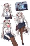  1girl adjusting_footwear alternate_costume at_computer bag coffee_mug commentary_request computer_keyboard contemporary cup drinking eye_hair_ornament eye_symbol flower-shaped_pupils genshin_impact handbag high_heels highres holding holding_cup id_card long_hair maron_star mug multiple_views office_lady pantyhose pumps ronova_(genshin_impact) shirt side_ahoge skirt standing standing_on_one_leg symbol-shaped_pupils white_shirt 