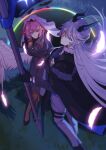  2girls absurdres black_coat black_gloves black_horns blue_eyes capidolart closed_mouth coat commentary english_commentary falling_feathers feathered_wings feathers flag fur-trimmed_coat fur_trim gloves grass grey_hair hair_between_eyes heterochromia highres holding holding_flag hollow_(zenless_zone_zero) horns long_hair looking_at_another looking_at_viewer medium_hair multiple_girls pink_hair pointy_ears purple_eyes remielle_dan remielle_dan_(past) smile sunbringer_(original)_(zenless_zone_zero) veil white_veil white_wings wings yellow_eyes zenless_zone_zero 