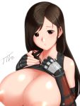  1girl bangs blush breasts brown_eyes brown_hair elbow_gloves embarrassed final_fantasy final_fantasy_vii final_fantasy_vii_remake gloves large_breasts looking_at_viewer open_clothes open_mouth parted_bangs shiny shiny_hair shiny_skin tifa_lockhart tro 