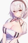  1girl anchor_choker azur_lane blush breasts cleavage dress eyebrows_visible_through_hair hair_between_eyes highres huge_breasts lace-trimmed_hairband lace_trim large_breasts looking_at_viewer nannann red_eyes revealing_clothes short_hair simple_background sirius_(azur_lane) solo white_background white_dress white_hair 