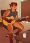  anthro balls bedroom bottomless bovid caprine chest_tuft clothed clothing eyes_closed eyewear foreskin genitals glasses goat guitar hi_res humanoid_genitalia humanoid_penis kyrosh male mammal musical_instrument penis playing_guitar playing_music plucked_string_instrument sitting sitting_on_chair solo steam string_instrument tuft uncut 
