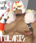  1boy abs absurdres bara bare_chest bear_mask brown_eyes chest chest_harness copyright_name dark_skin dark_skinned_male facial_hair feiya6022 fur_collar goatee harness highres index_finger_raised live_a_hero male_focus manly muscle nipples pectoral_focus polaris_mask_(live_a_hero) short_hair smile solo upper_body wrestling_outfit 