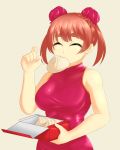  2020 4:5 5_fingers asian_clothing breasts clothing dodo_mpa dumplings east_asian_clothing eyes_closed female fingers food food_in_mouth hair hi_res holding_object human human_only mammal not_furry red_hair simple_background smile solo 