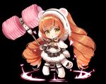  1girl :o animal_ears animal_hood bangs bear_ears bear_hood berrypop black_background black_bow black_jacket black_skirt blush boots bow brown_hair capelet chibi eyebrows_visible_through_hair fake_animal_ears full_body fur-trimmed_capelet fur-trimmed_hood fur-trimmed_skirt fur_boots fur_trim hair_between_eyes heart holding hood hood_up hooded_capelet jacket long_hair long_sleeves looking_at_viewer lumia_saga parted_lips paw_shoes piko_piko_hammer shoes simple_background skirt solo striped striped_legwear twintails vertical-striped_legwear vertical_stripes very_long_hair white_capelet yellow_eyes 
