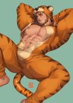  1boy abs alejandro_tio animal_costume animal_ears animal_print arms_behind_head bara bare_chest beard borrowed_character brown_eyes brown_hair bulge chest cowboy_shot dizdoodz facial_hair feet_out_of_frame highres leg_up lying male_focus manly muscle naked_costume navel nipples on_back original short_hair solo spread_legs tail thick_thighs thighs tiger_costume tiger_ears tiger_print tiger_tail 