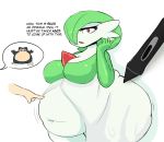  belly big_belly breasts english_text female gardevoir green_hair hair humanoid mysterydad nintendo overweight overweight_female overweight_humanoid pok&eacute;mon pok&eacute;mon_(species) red_eyes simple_background solo speech_bubble text video_games white_background white_body 