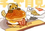  2020 ailurid biped brown_body brown_fur burger chibi dot_eyes duo eating feral food fries fur japanese_text mammal micro mustela mustelid musteline red_panda shi_nominmin stoat text white_body white_fur 