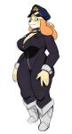  animal_crossing anthro blush bodily_fluids boots breasts canid canine canis cleavage clothed clothing collar cosplay domestic_dog female footwear goonie-san hat headgear headwear hi_res isabelle_(animal_crossing) mammal my_hero_academia nervous nintendo police_hat solo suit sweat video_games zipper 