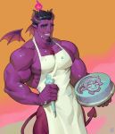  1boy alejandro_tio apron baking bara black_hair bulge cake chest chest_hair cowboy_shot demon_boy demon_horns demon_tail demon_wings food food_on_body food_on_face highres holding holding_cake holding_food horns looking_at_viewer male_focus muscle naked_apron nipple_slip nipples original pink_skin pointy_ears short_hair simple_background smile solo tail thighs wings 