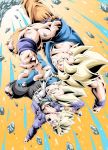  3boys action blonde_hair clenched_teeth dougi dragon_ball dragon_ball_z gloves green_eyes highres male_focus multiple_boys muscle open_mouth rock short_hair shouting son_gokuu spiked_hair super_saiyan super_saiyan_1 teeth trunks_(dragon_ball) upside-down vegeta wristband youngjijii 