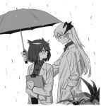  2girls arknights bangs blackshirosky clipboard dragon_horns eyebrows_visible_through_hair feather_hair glasses hair_between_eyes highres holding holding_clipboard holding_umbrella horns jacket long_hair long_sleeves monochrome multiple_girls owl_ears rain saria_(arknights) short_hair silence_(arknights) standing symbol_commentary turtleneck umbrella wet zy zy9 