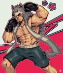  1boy abs alejandro_tio animal_hood arm_up bara bare_chest black_hair blue_eyes boxing_gloves chest chest_hair commission cowboy_shot facial_hair feet_out_of_frame fighting_stance goatee hood male_focus muscle navel nipples original short_hair shorts solo sportswear wolf_hood 