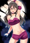  1girl ;d animal_ears arm_up armpits ashigara_(kantai_collection) bangs bare_shoulders blush breasts brown_eyes brown_hair choker cleavage collarbone cosplay cowboy_shot detached_sleeves eyebrows_visible_through_hair fang full_moon groin hair_between_eyes hairband highres kantai_collection large_breasts long_hair looking_at_viewer mew_zakuro mew_zakuro_(cosplay) midriff moon navel night night_sky one_eye_closed open_mouth puffy_detached_sleeves puffy_sleeves purple_choker purple_shorts short_shorts shorts sidelocks sky smile solo standing strapless tokyo_mew_mew tubetop wavy_hair white_hairband wristband yasume_yukito 