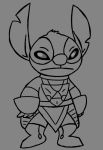  2020 alien armor artbro clothed clothing digital_drawing_(artwork) digital_media_(artwork) disney experiment_(lilo_and_stitch) grey_background greyscale head_tuft lilo_and_stitch looking_at_viewer male monochrome narrowed_eyes notched_ear simple_background sketch solo squint standing stitch_(lilo_and_stitch) tuft 